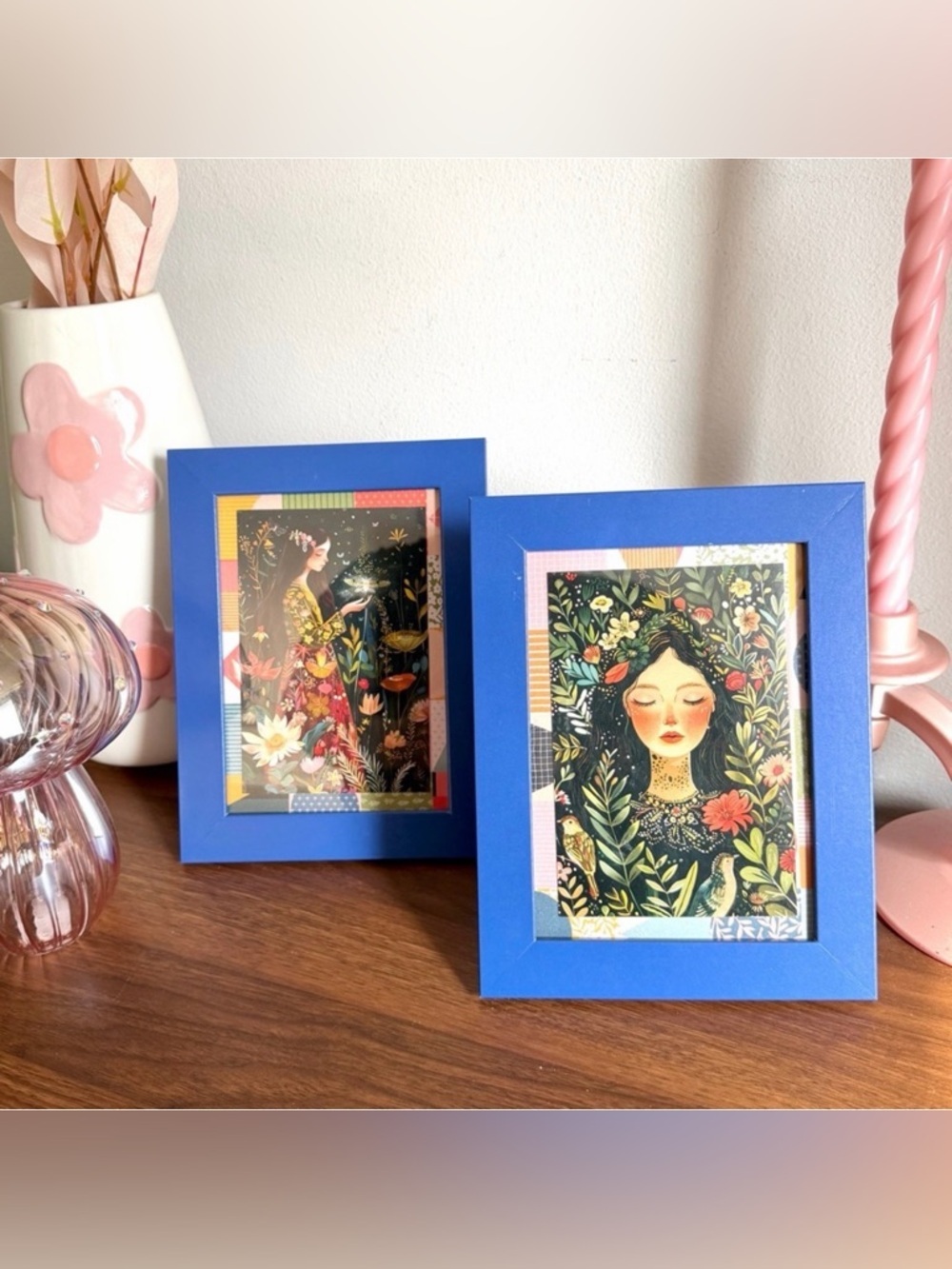 Pair Whimsical Woodland Women Forest Enchanted Postcards Framed Wall Hanging Art